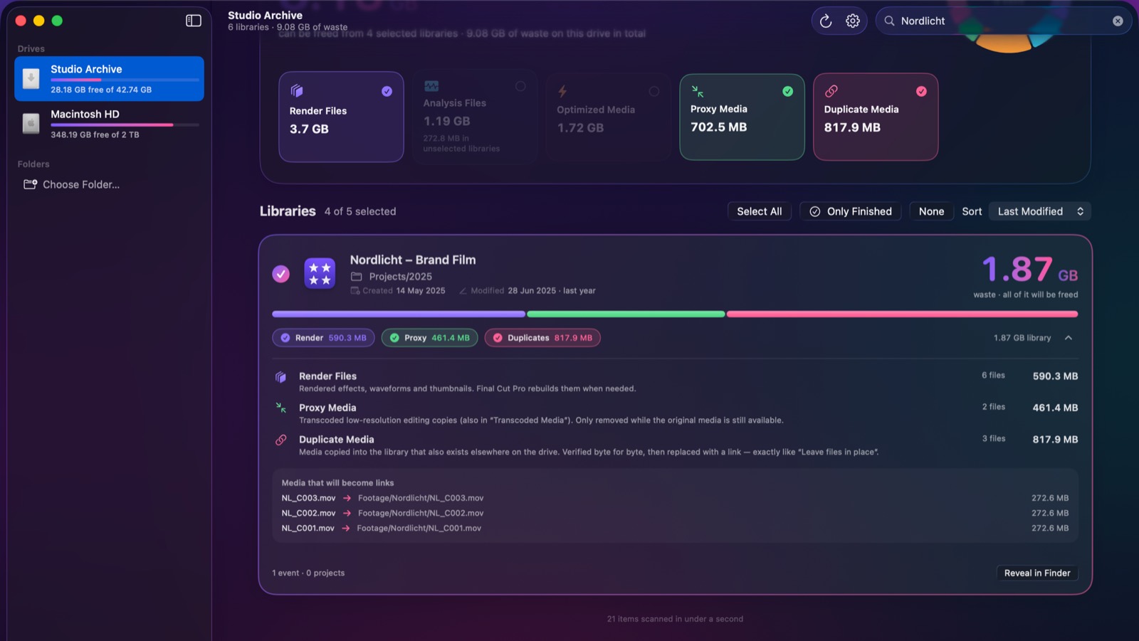 A library called Nordlicht, Brand Film, opened in FCP Shrink: 590.3 MB of render files, 461.4 MB of proxy media and 817.9 MB of duplicate media, with a list of three clips that will become links to files in the Footage folder.